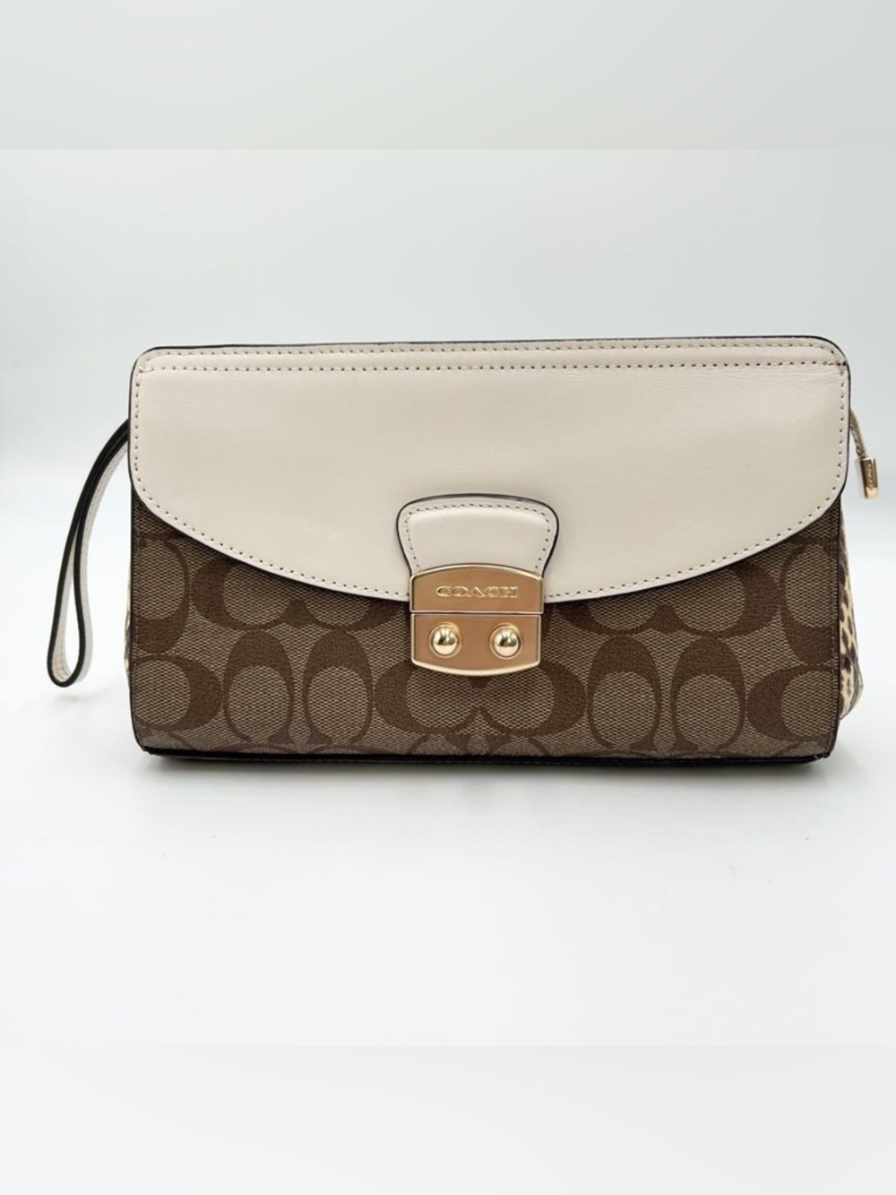 Coach Brown White Signature Monogram Leather Wristlet